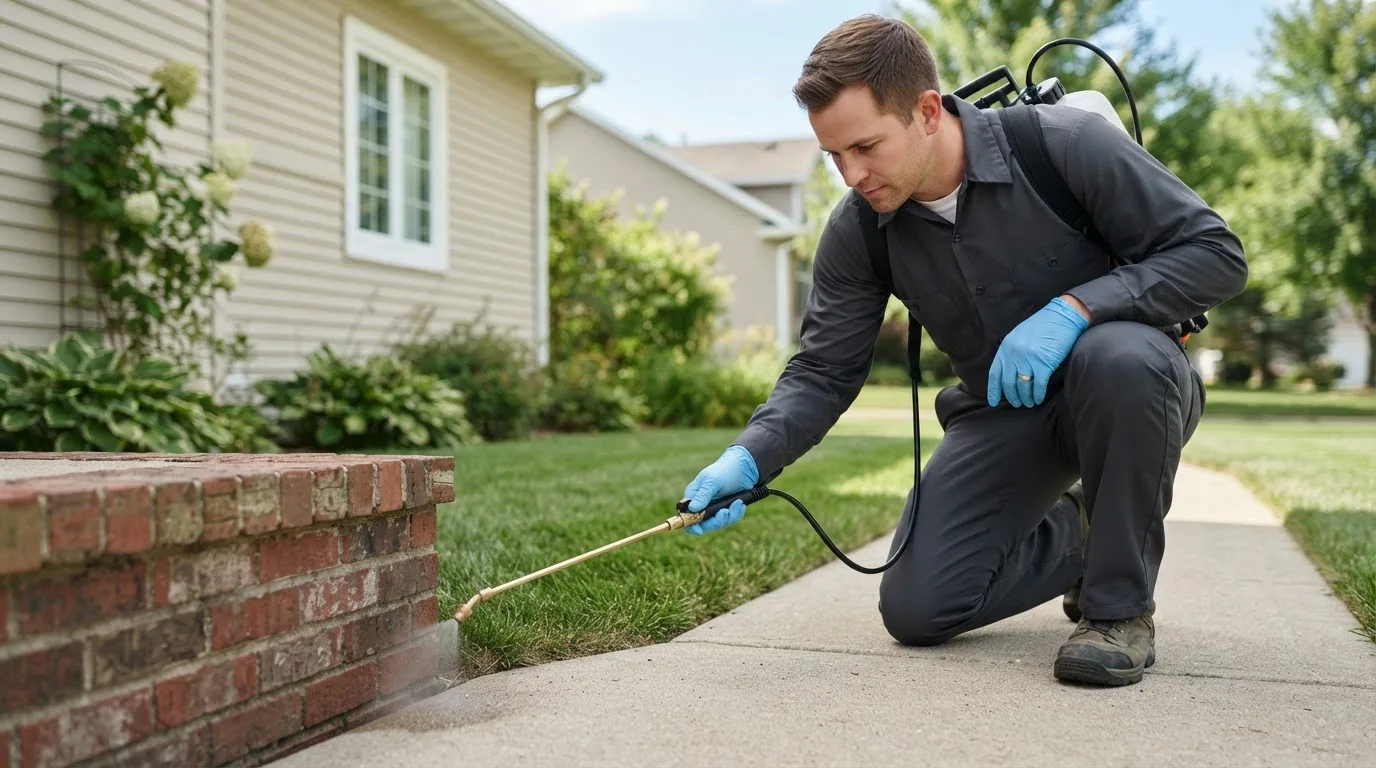 Pest control technician treating a home near Gold Hill, OR
